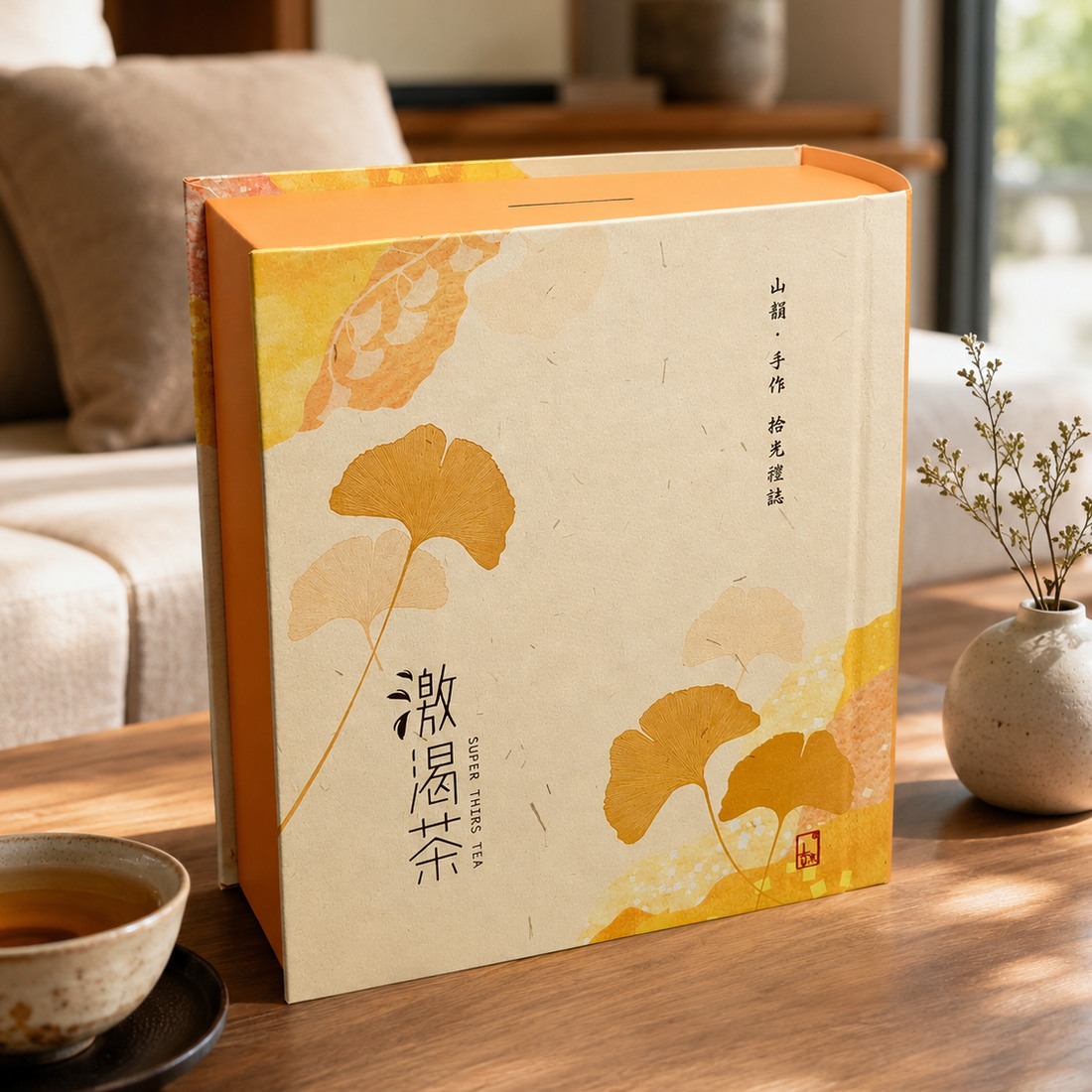 激渴茶禮盒外盒紙材、厚度與投幣孔特寫